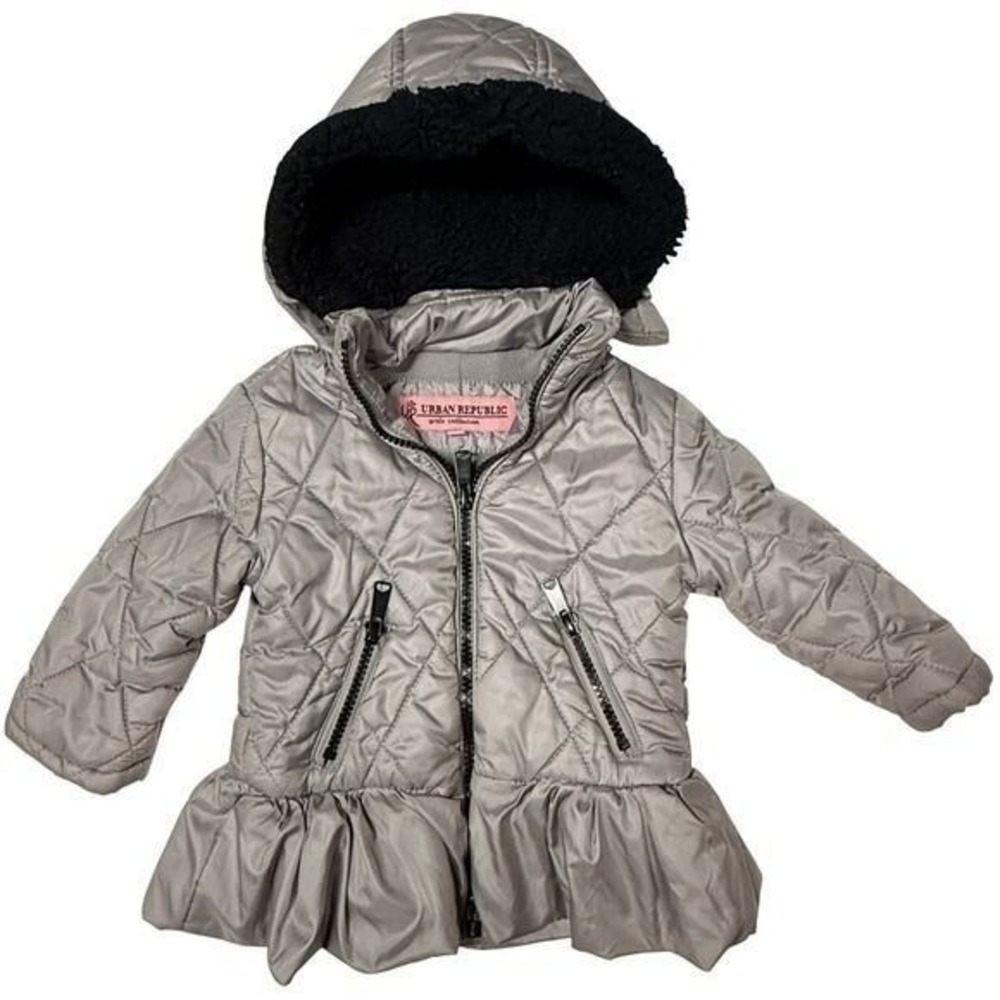 Urban Republic Girls Quilted Puffer Jacket Size 12 Sherpa Hood Silver Grey
